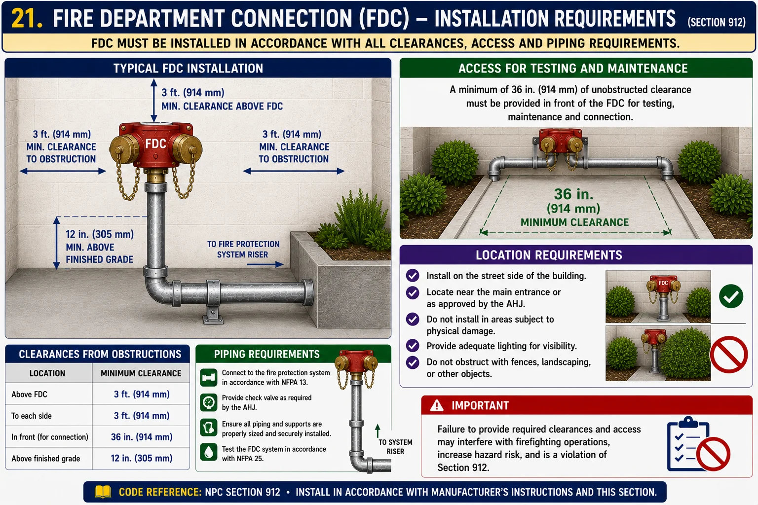 Fire Department Connection (FDC) installation requirements — clearances, access for testing and maintenance, location requirements